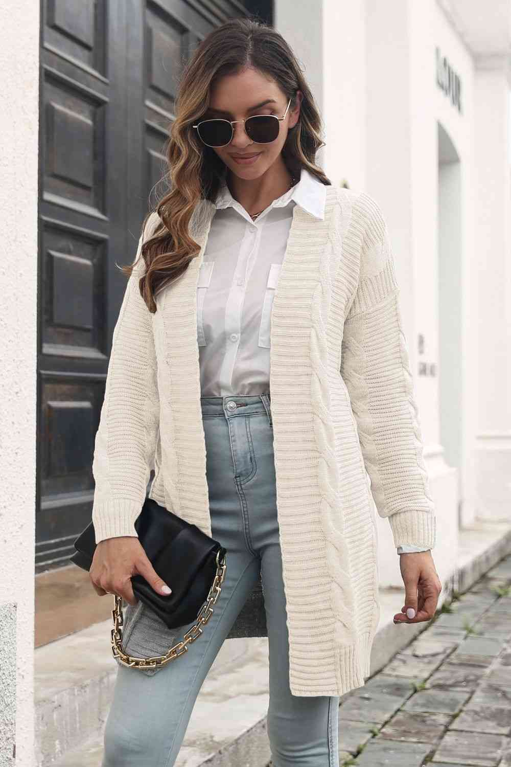 Open Front Cable-Knit Cardigan - TRENDMELO