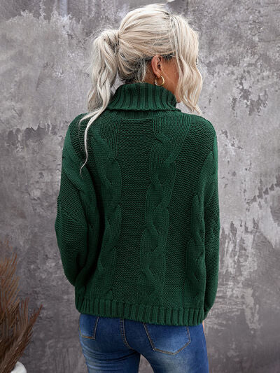 Cable-Knit Turtleneck Dropped Shoulder Sweater - TRENDMELO