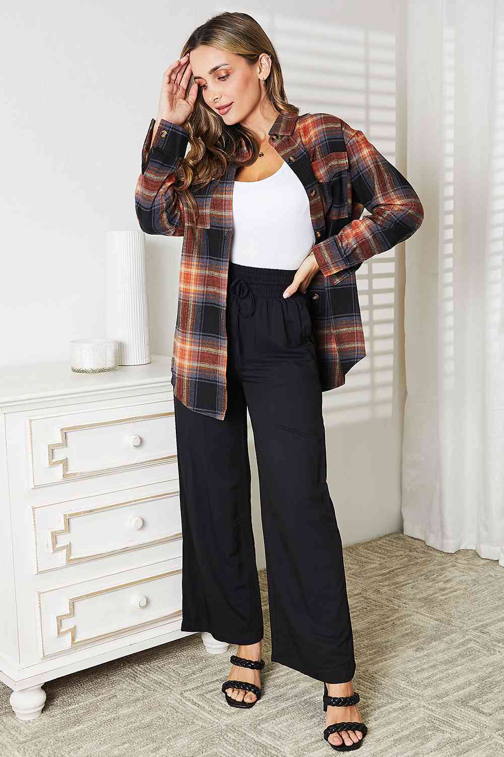 Double Take Plaid Dropped Shoulder Shirt - TRENDMELO