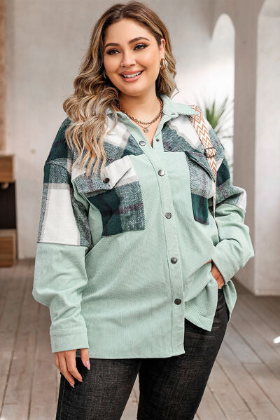 Plus Size Plaid Snap Down Jacket with Pockets - TRENDMELO