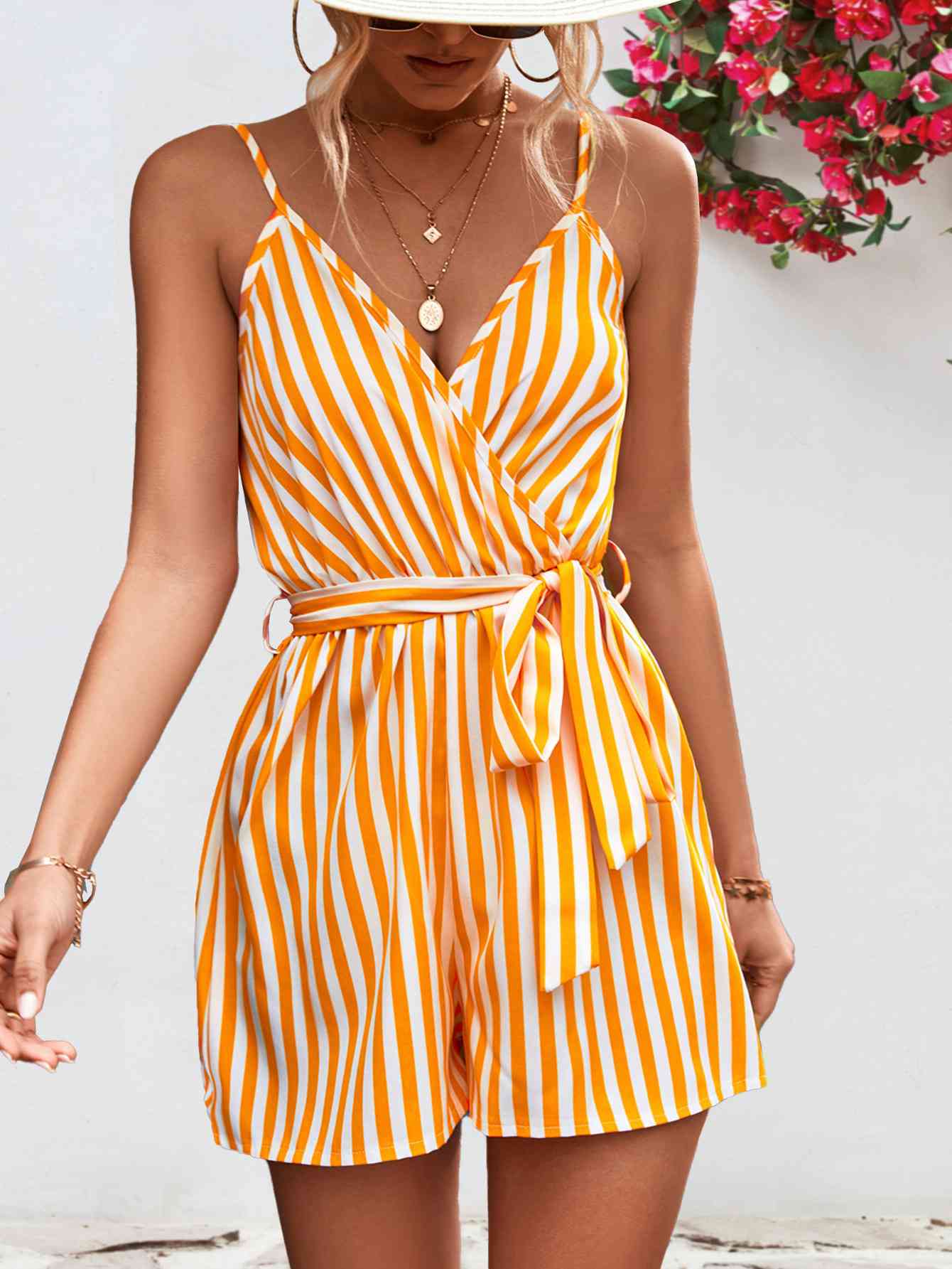 Striped Tie Waist Spaghetti Strap Romper - TRENDMELO