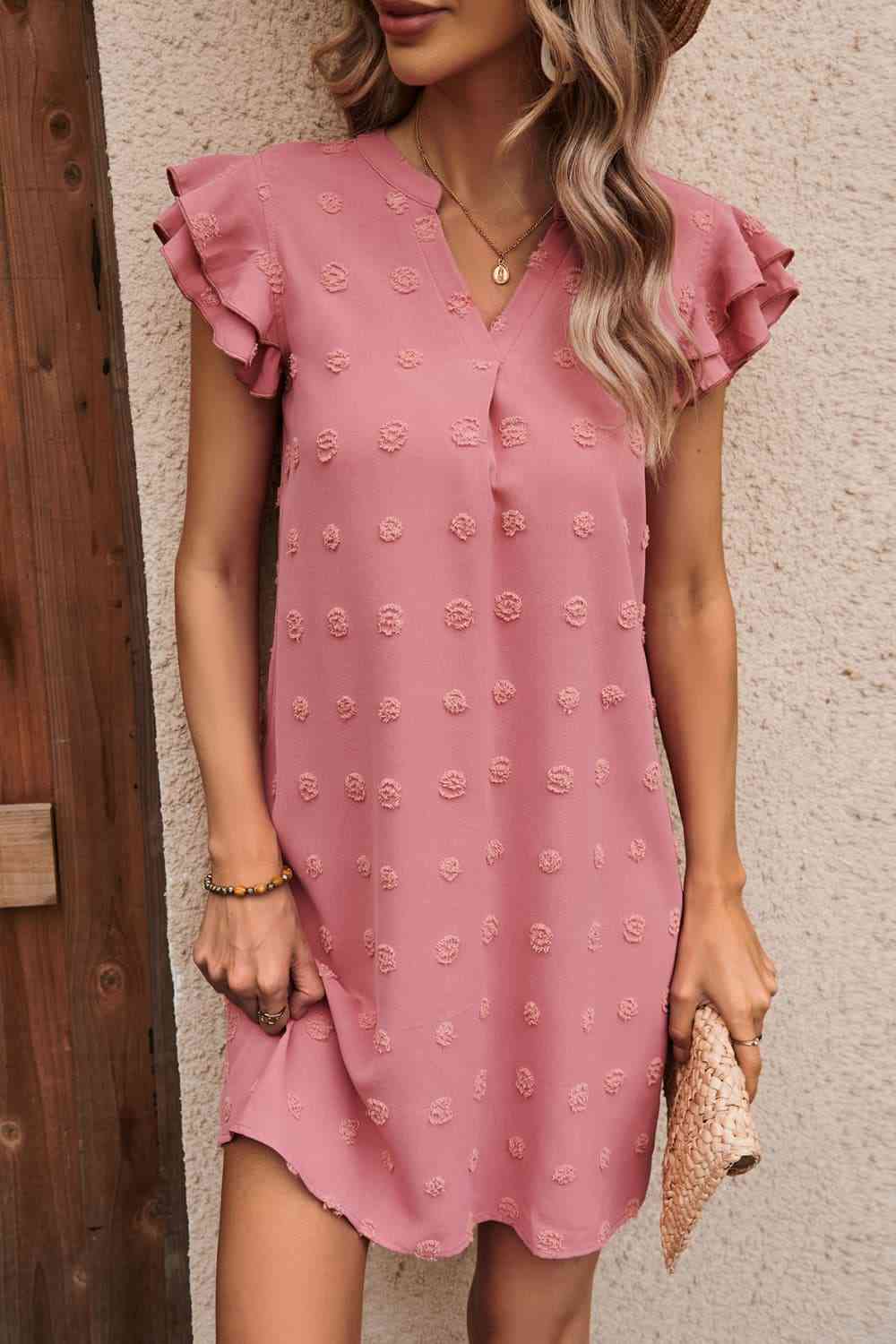 Swiss Dot Notched Neck Flutter Sleeve Dress - TRENDMELO