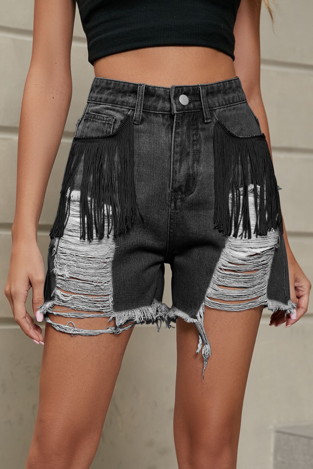 Fringe Trim Distressed Denim Shorts with Pockets