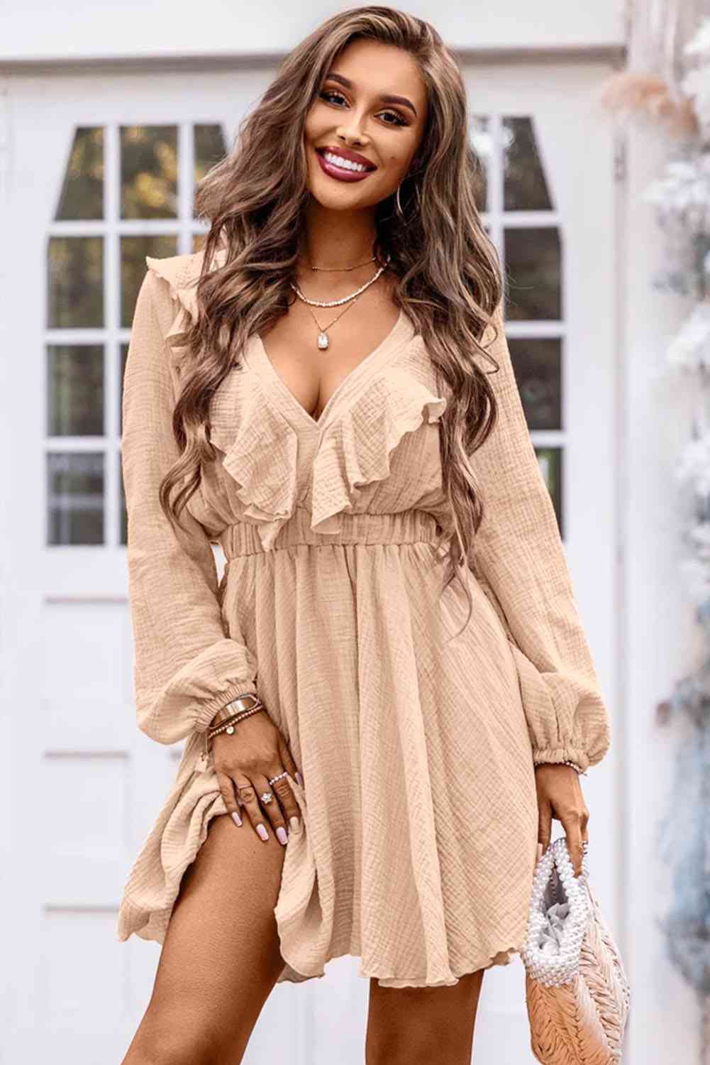 Ruffle Trim V-Neck Long Sleeve Mini Dress - TRENDMELO