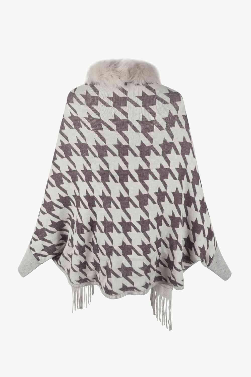 Houndstooth Fringe Hem Poncho - TRENDMELO