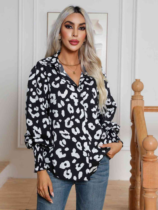 Printed Collared Neck Buttoned Lantern Sleeve Shirt - TRENDMELO