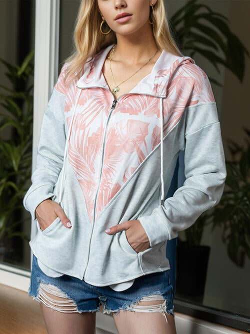 Printed Zip Up Drawstring Hoodie - TRENDMELO