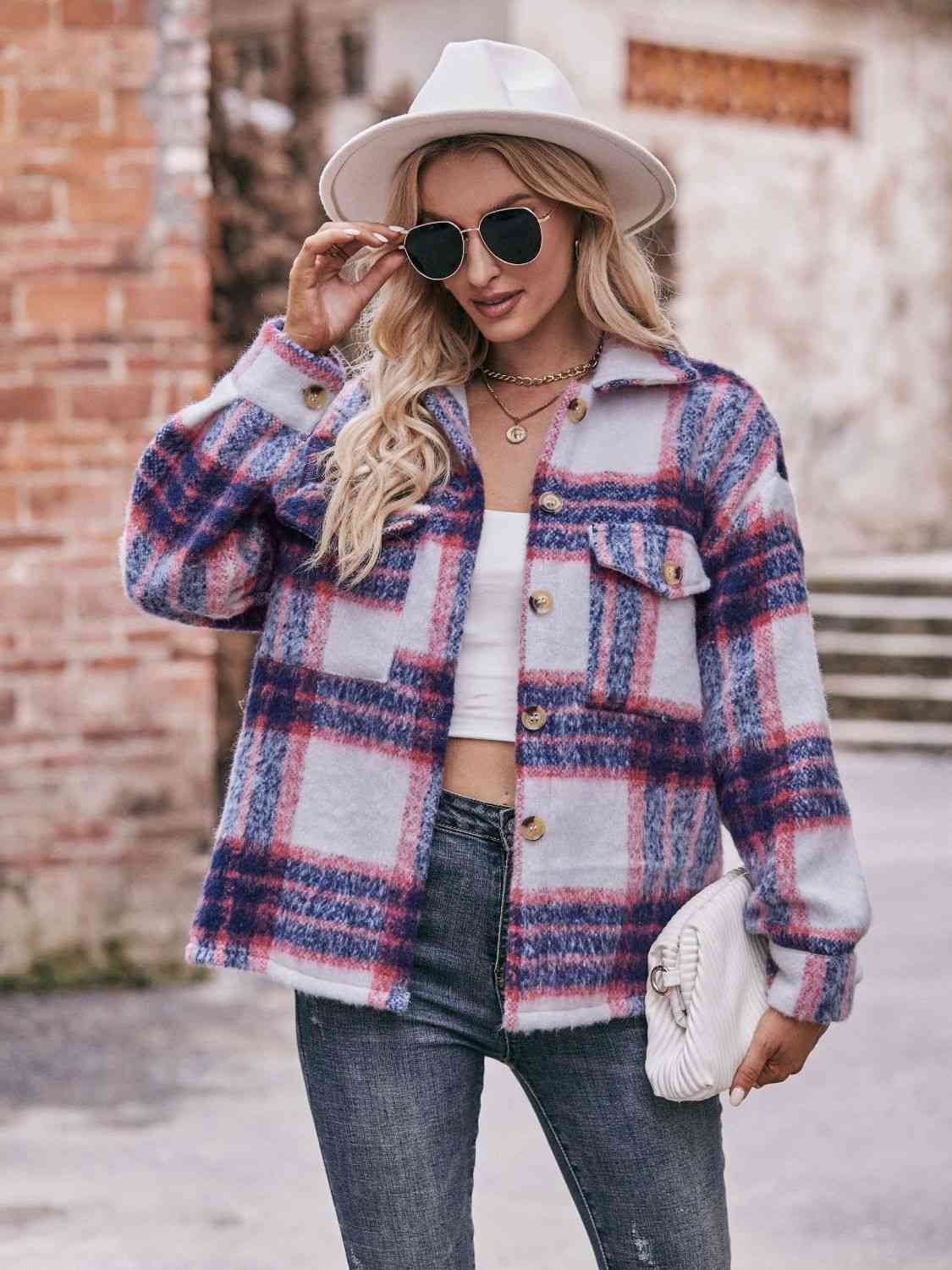 Plaid Dropped Shoulder Collared Jacket - TRENDMELO