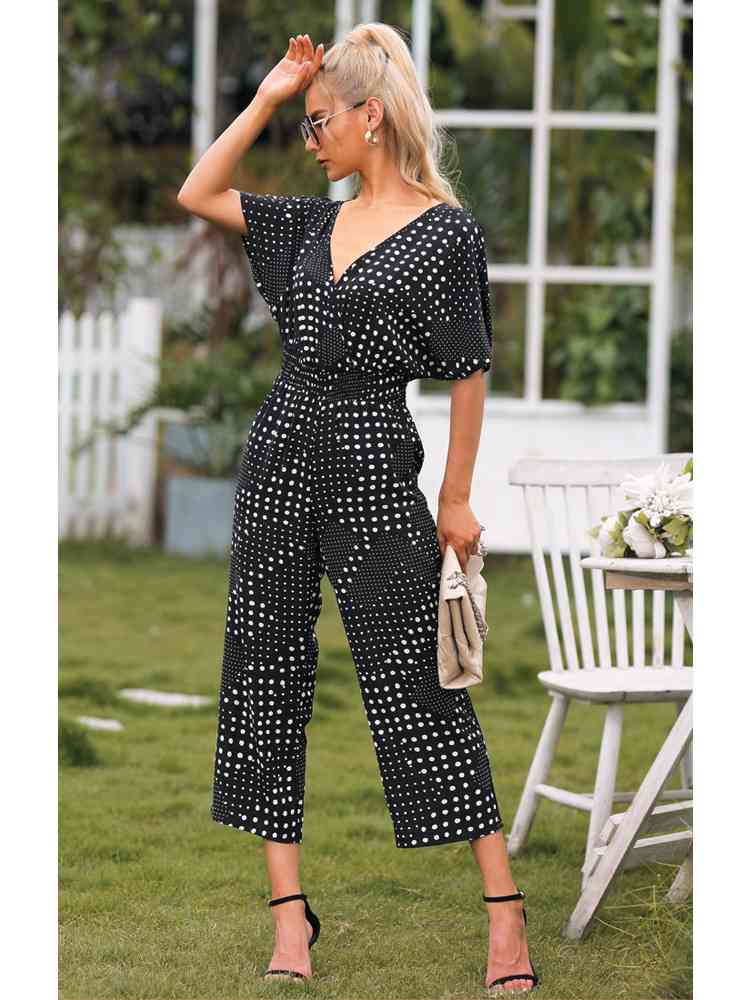 Polka Dot Surplice Neck Jumpsuit with Pockets - TRENDMELO