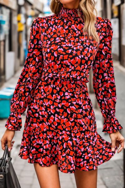 Heart Printed Mock Neck Flounce Sleeve Dress - TRENDMELO