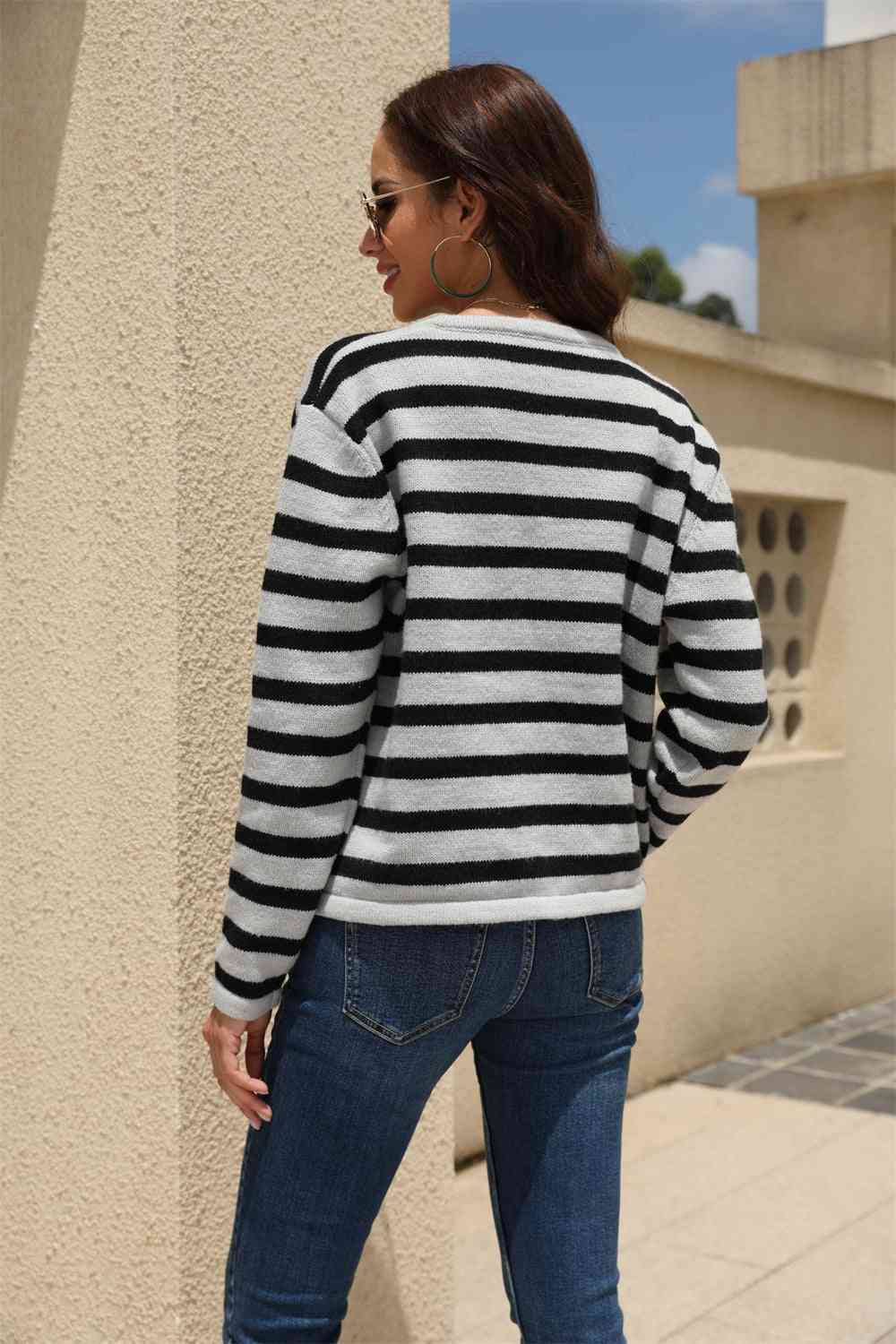 Striped Round Neck Button-Down Dropped Shoulder Cardigan - TRENDMELO