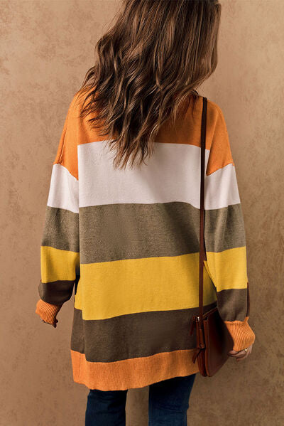 Color Block Lantern Sleeve Open Front Cardigan with Pockets - TRENDMELO