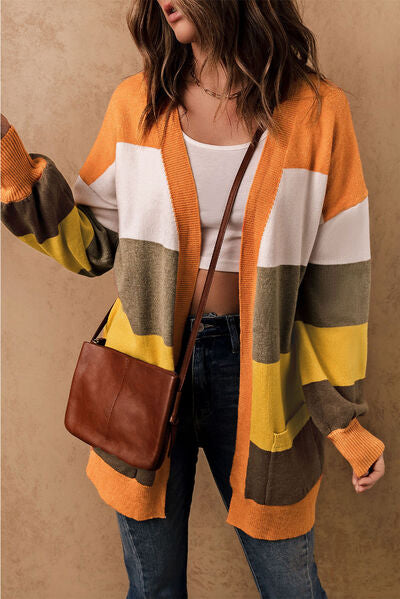 Color Block Lantern Sleeve Open Front Cardigan with Pockets - TRENDMELO