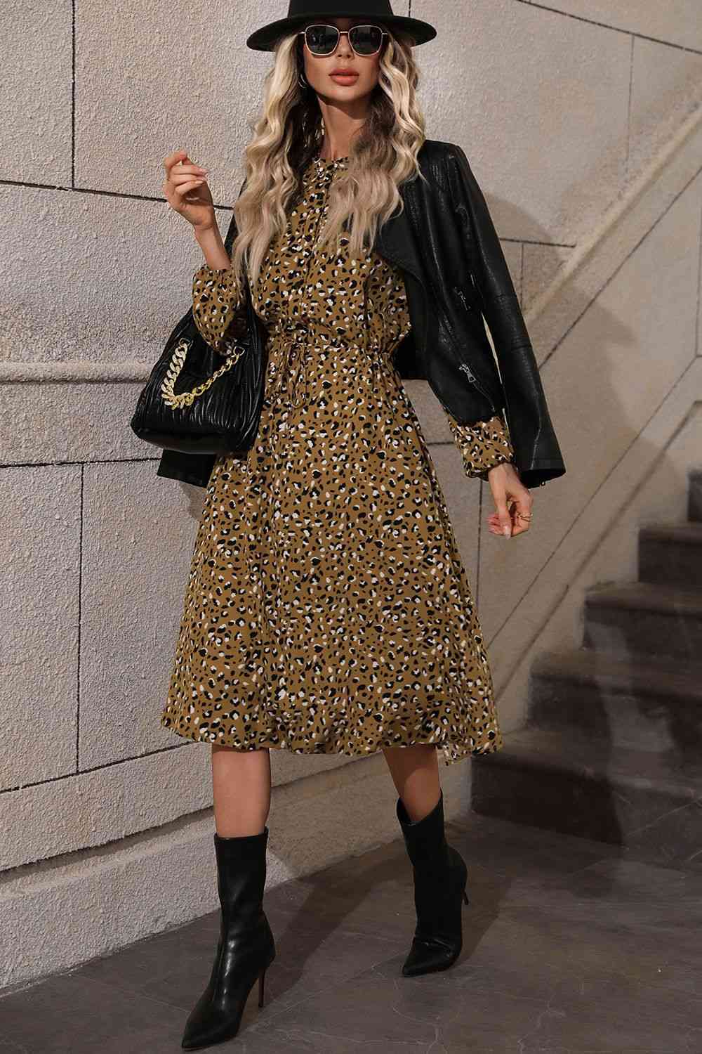 Printed Long Sleeve Midi Dress - TRENDMELO