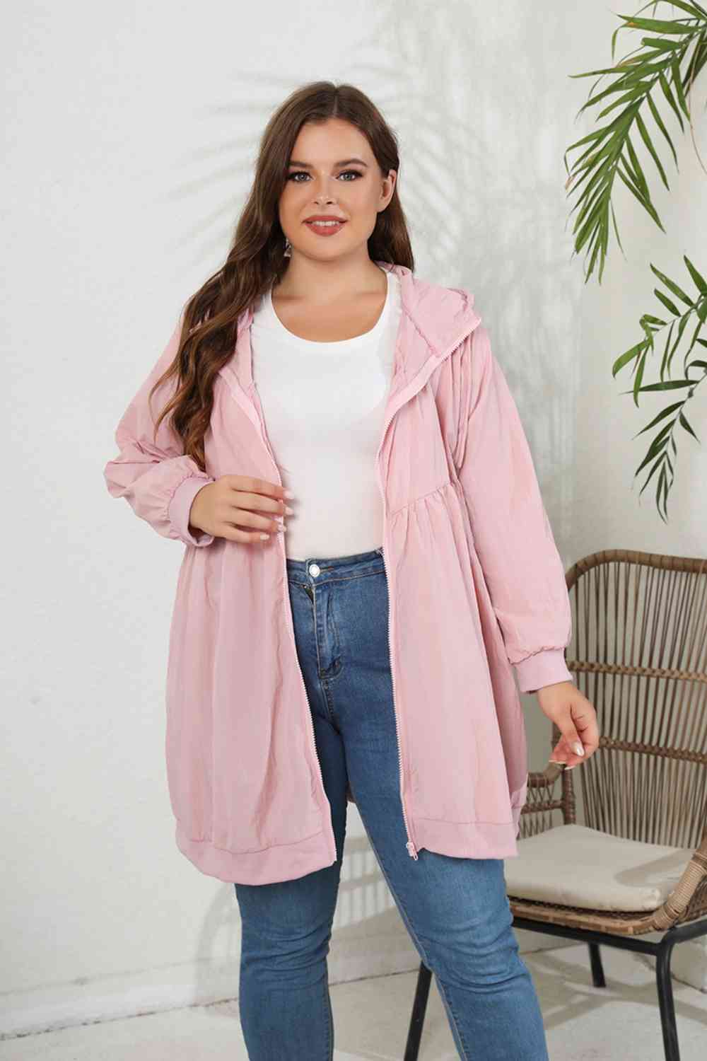 Plus Size Zip-Up Longline Hooded Jacket - TRENDMELO