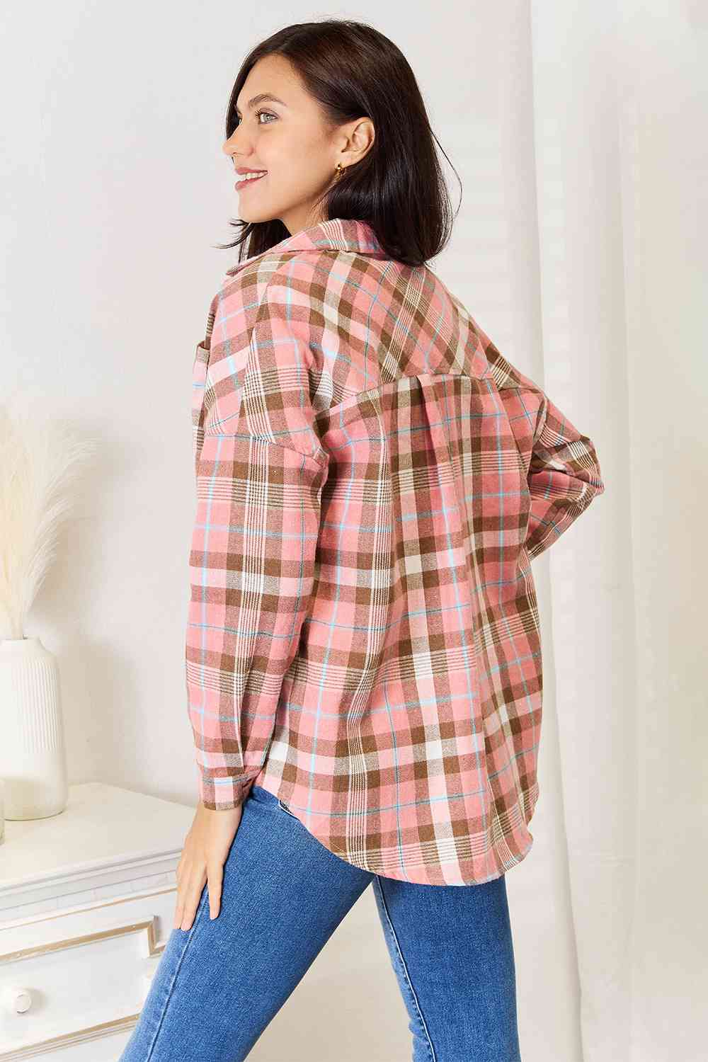 Double Take Plaid Collared Neck Long Sleeve Button-Up Shirt - TRENDMELO