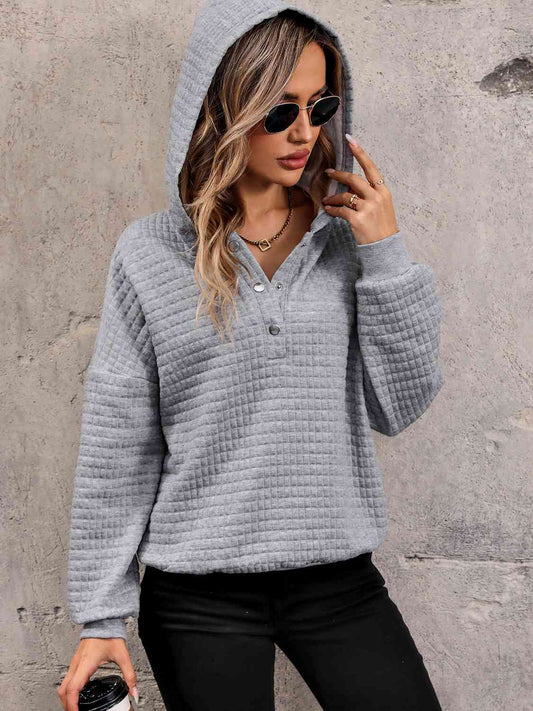 Waffle-Knit Half Button Hoodie - TRENDMELO