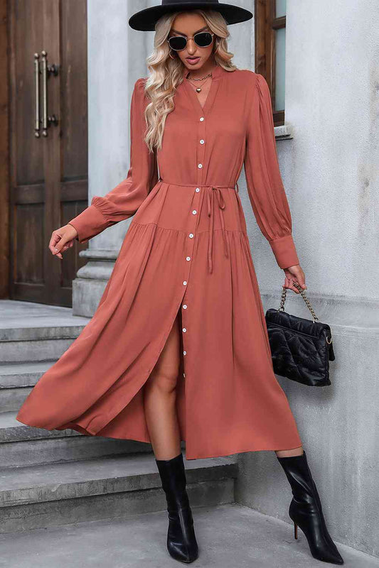 Button Down Notched Neck Dress - TRENDMELO