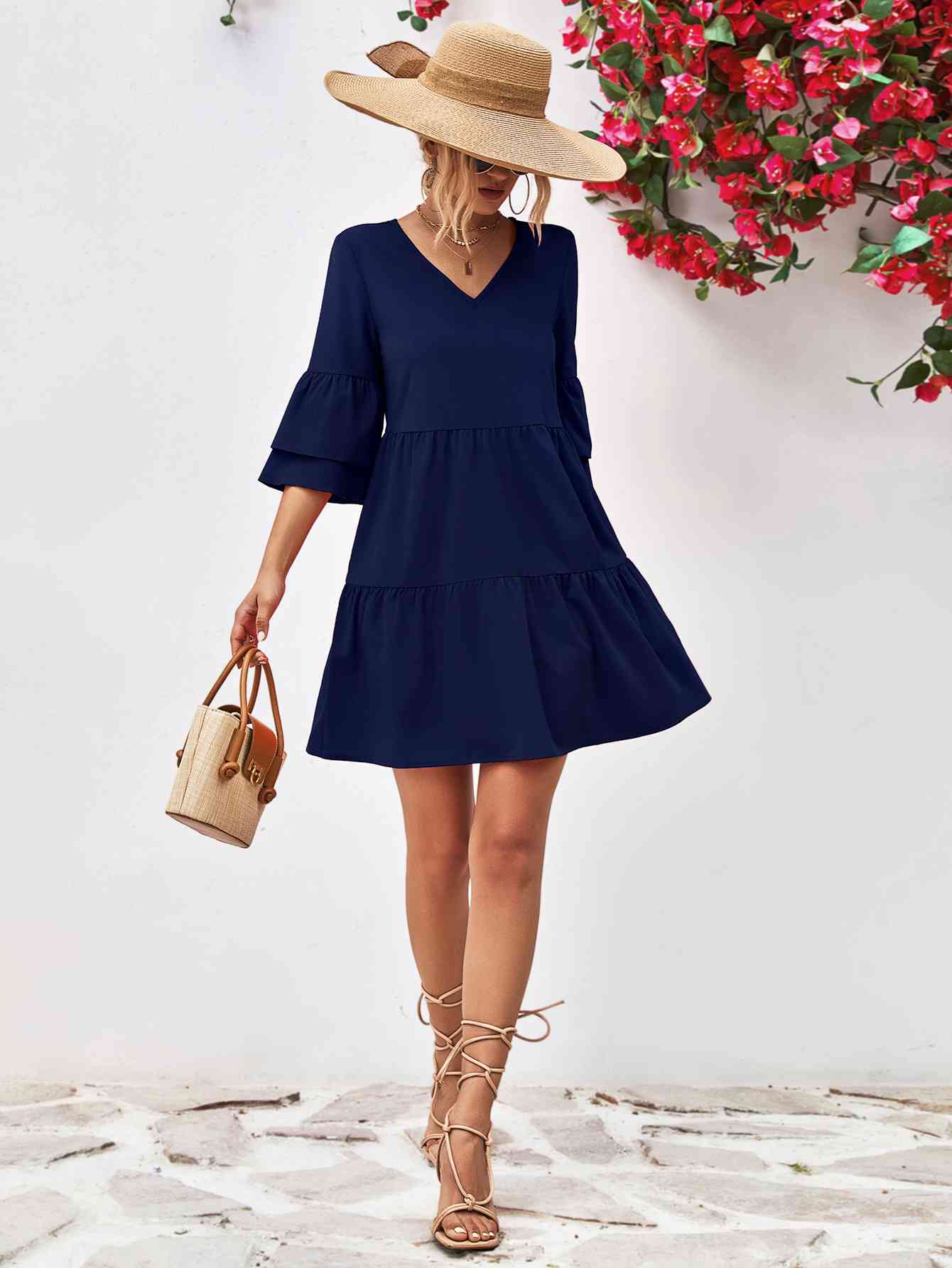 V-Neck Flare Sleeve Mini Dress - TRENDMELO