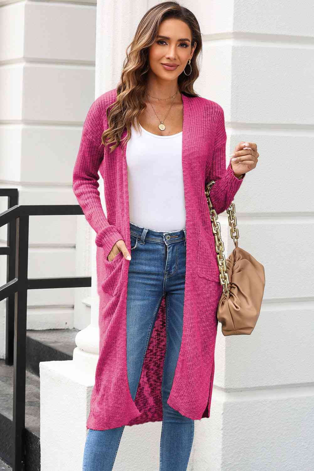 Open Front Slit Cardigan with Pockets - TRENDMELO