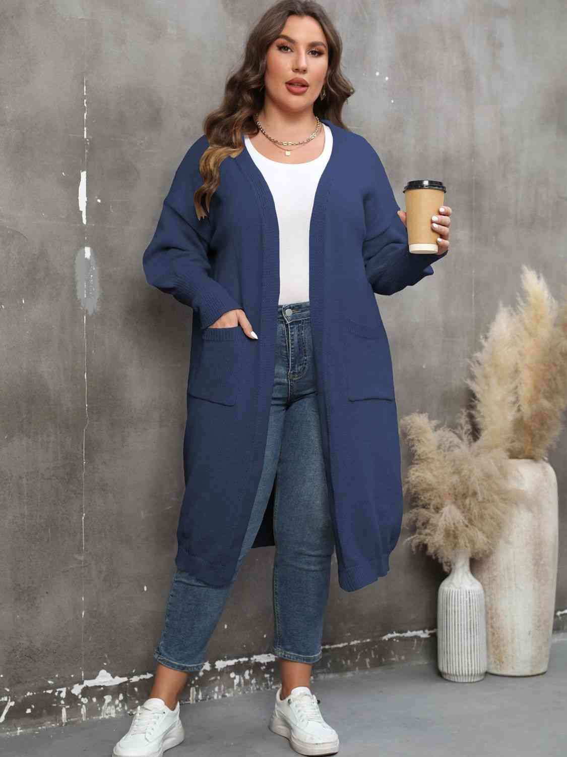 Plus Size Long Sleeve Pocketed Cardigan - TRENDMELO