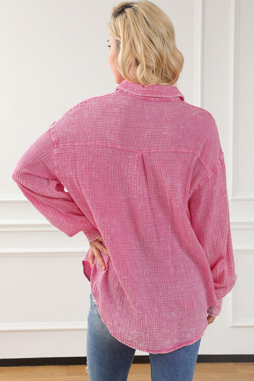 Mineral Wash Crinkle Textured Chest Pockets Shirt - TRENDMELO