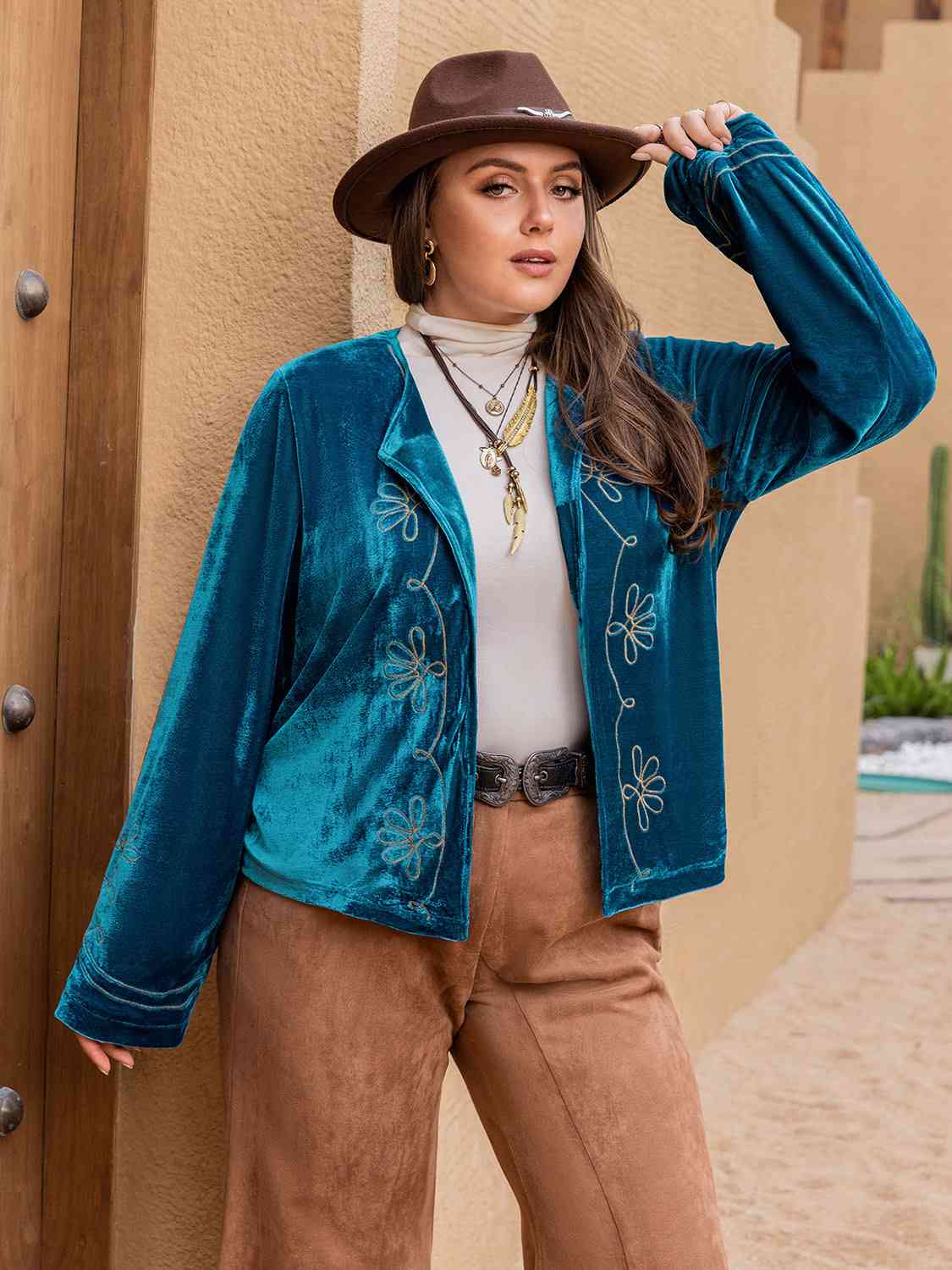 Plus Size Open Front Long Sleeve Jacket - TRENDMELO