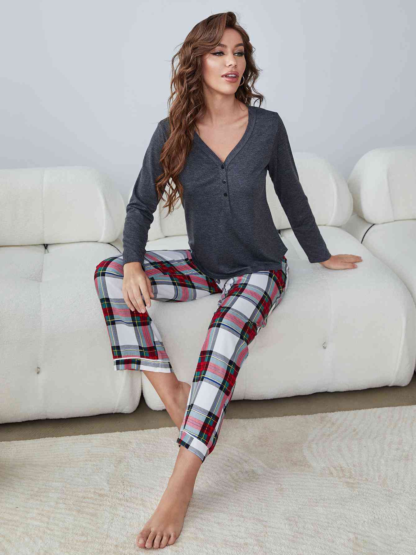 Buttoned Long Sleeve Top and Plaid Pants Lounge Set - TRENDMELO