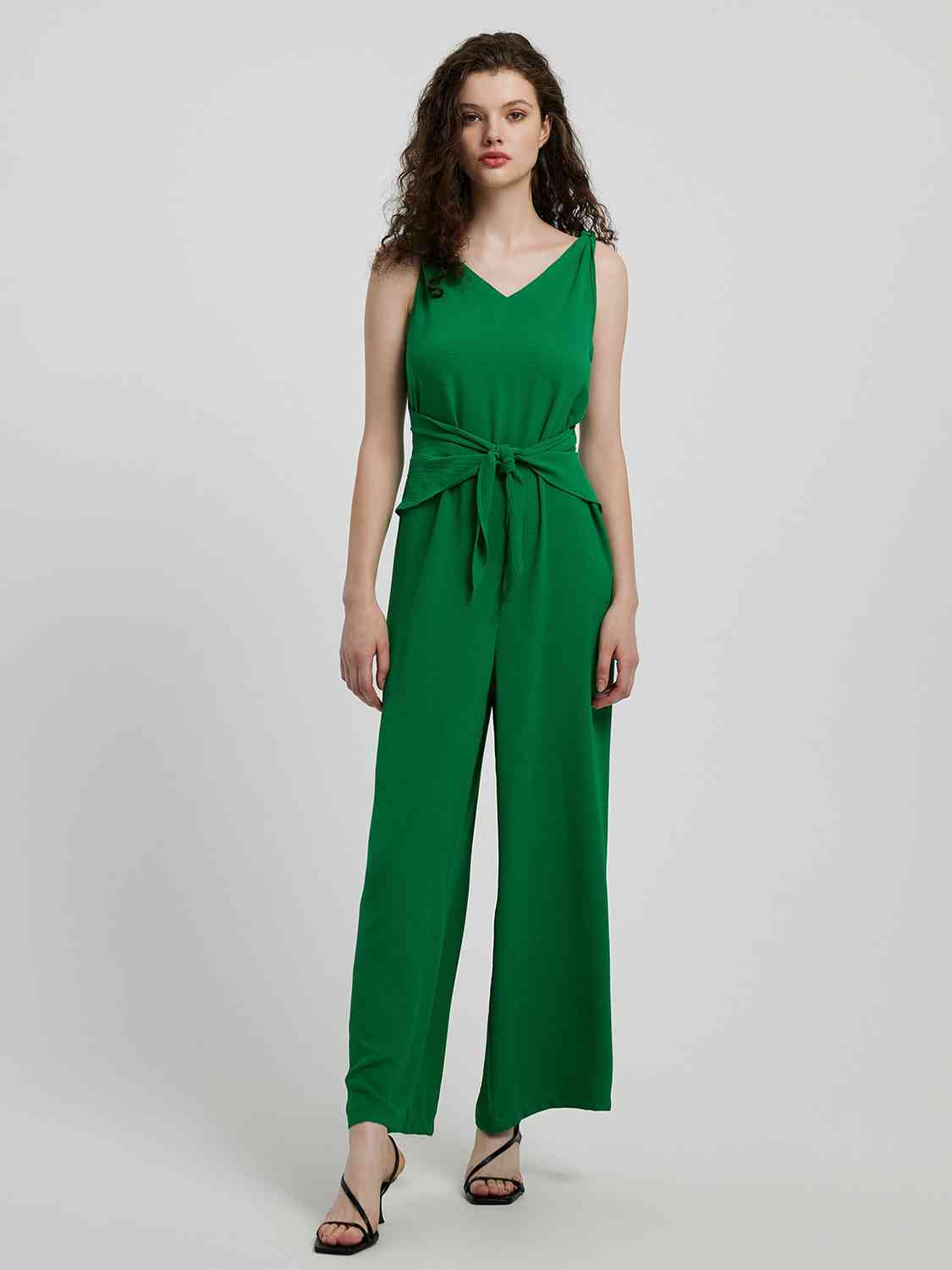 Knot Detail Tie Front Sleeveless Jumpsuit - TRENDMELO