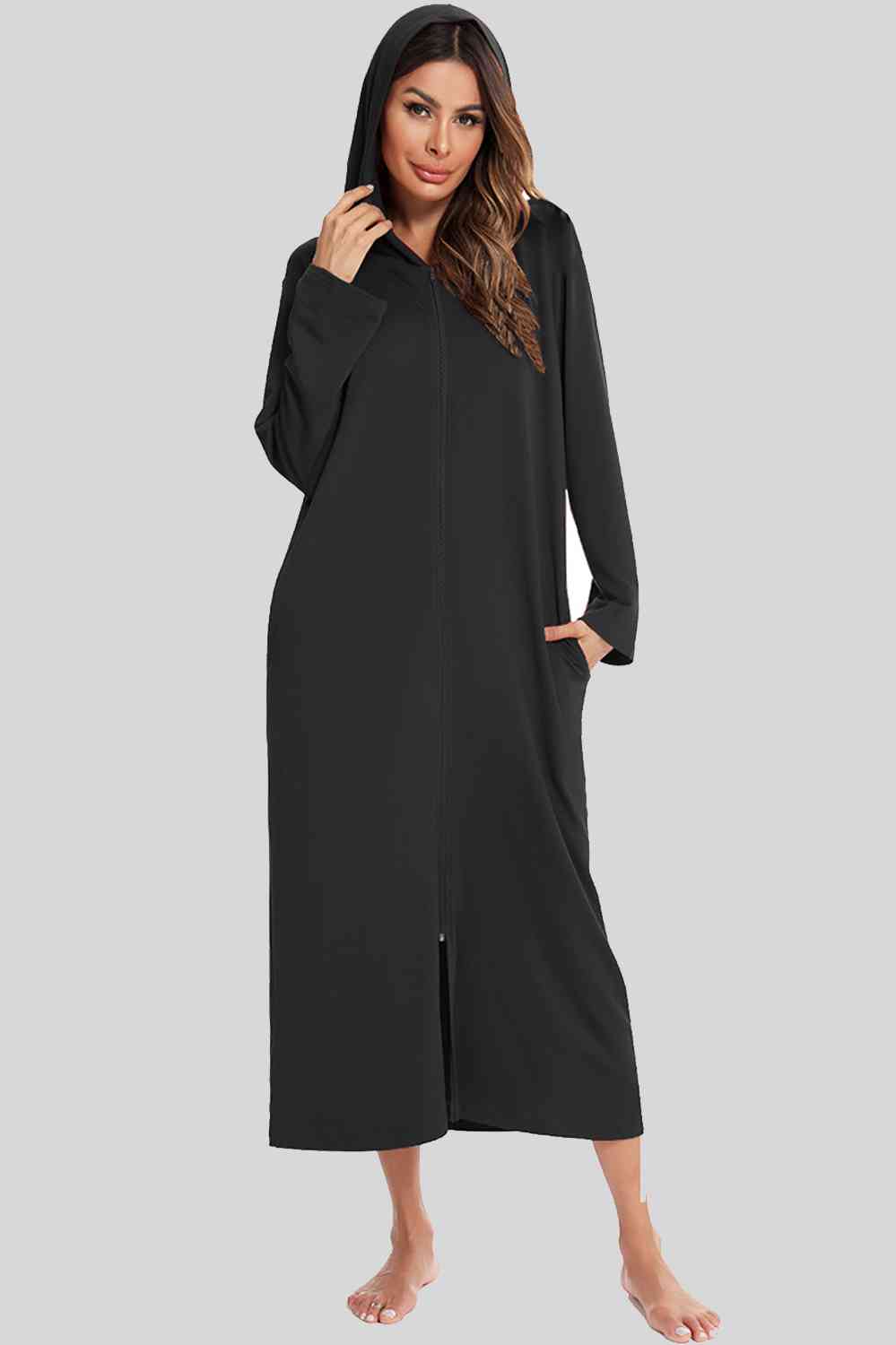 Zip Front Hooded Night Dress with Pockets - TRENDMELO