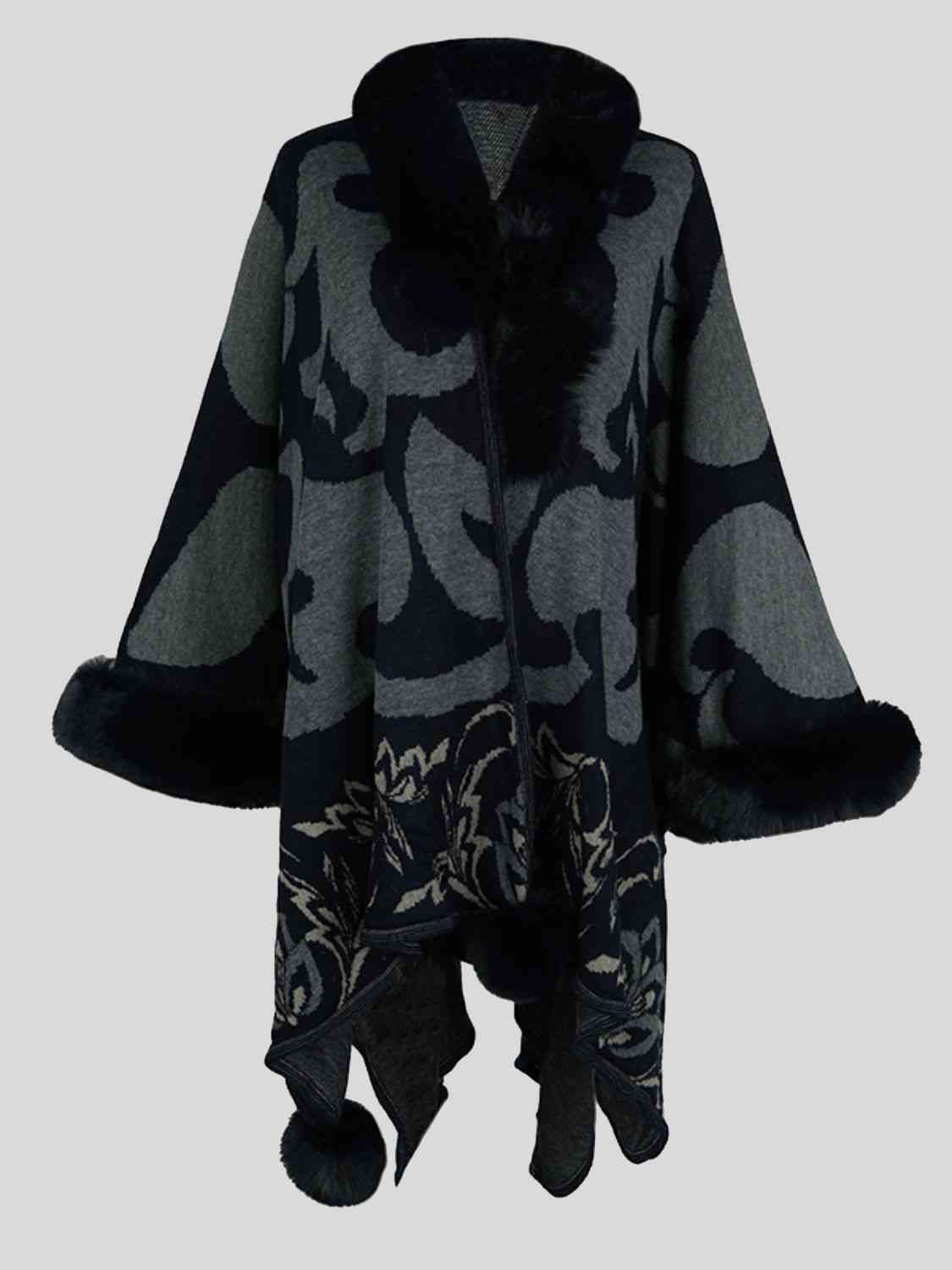 Faux Fur Trim Poncho - TRENDMELO