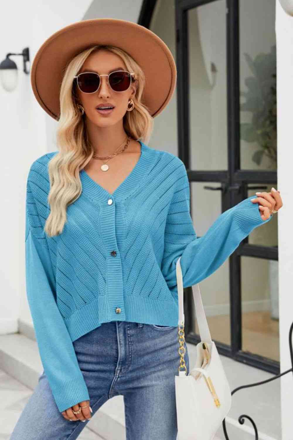 V-Neck Button Down Cardigan - TRENDMELO