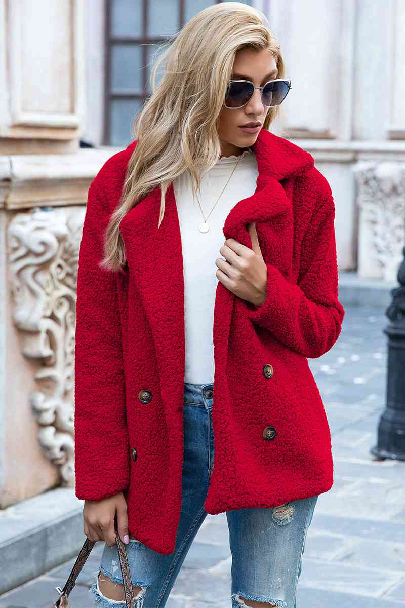 Full Size Lapel Collar Sherpa Coat - TRENDMELO