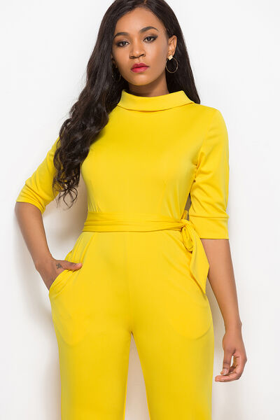 Mock Neck Tie-Waist Half Sleeve Jumpsuit - TRENDMELO