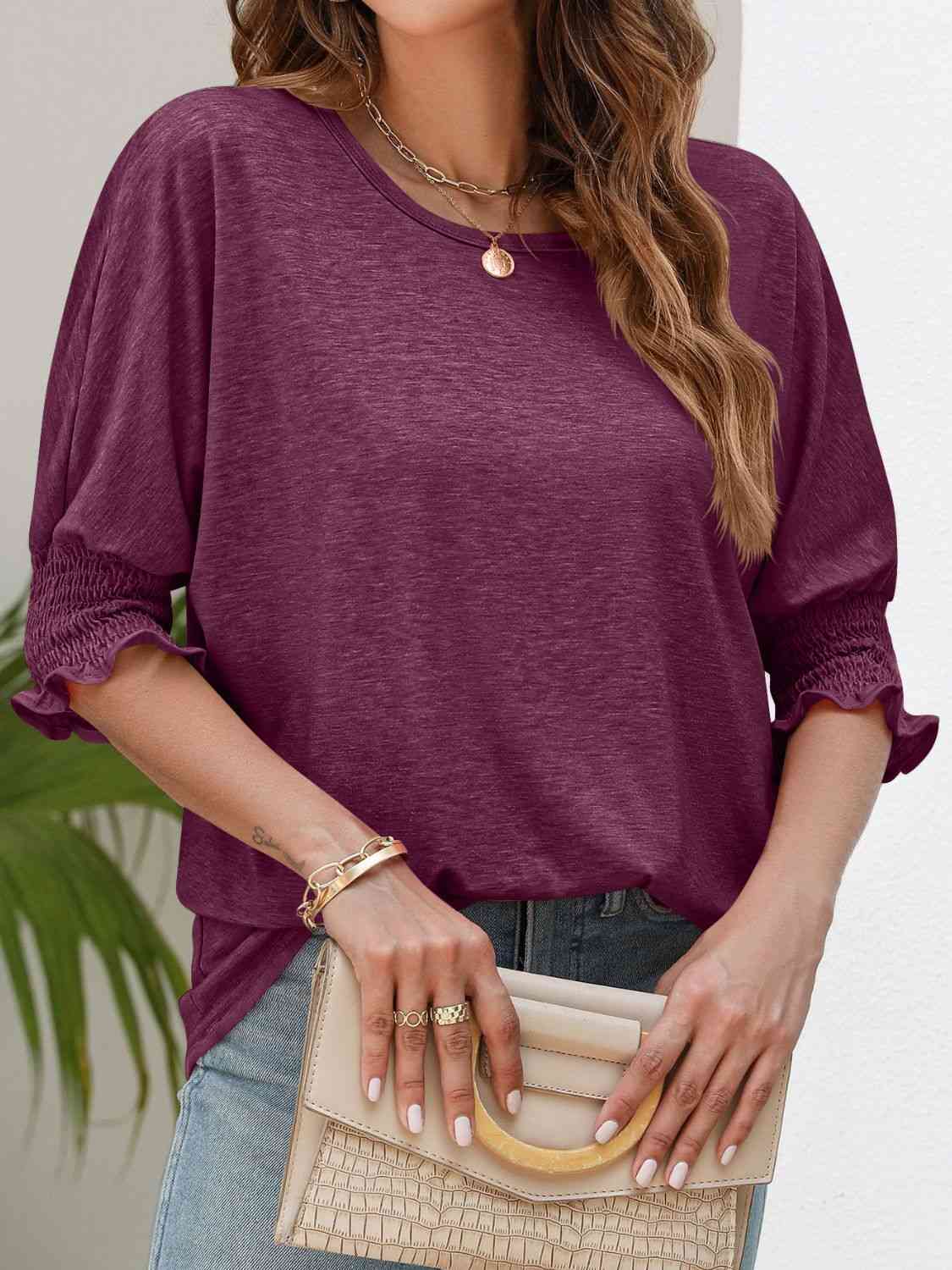 Smocked Flounce Sleeve Round Neck T-Shirt - TRENDMELO