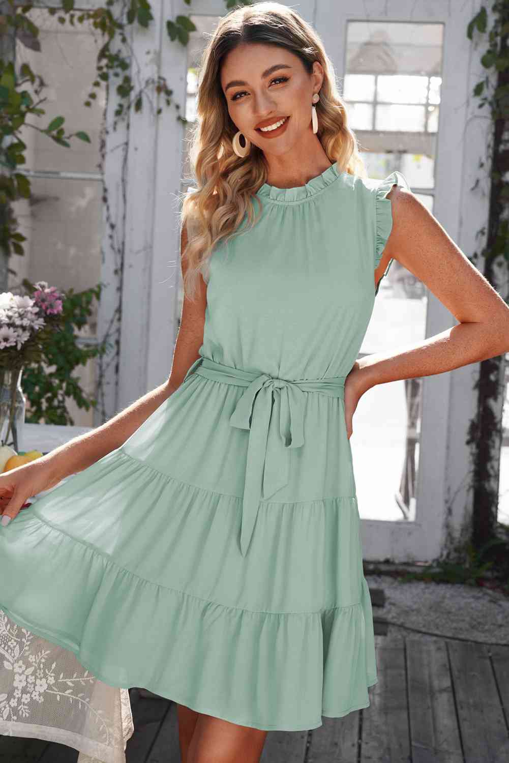 Ruffle Collar Tie Belt Tiered Dress - TRENDMELO