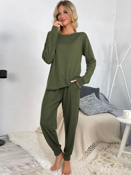 Round Neck Top and Drawstring Pants Lounge Set - TRENDMELO