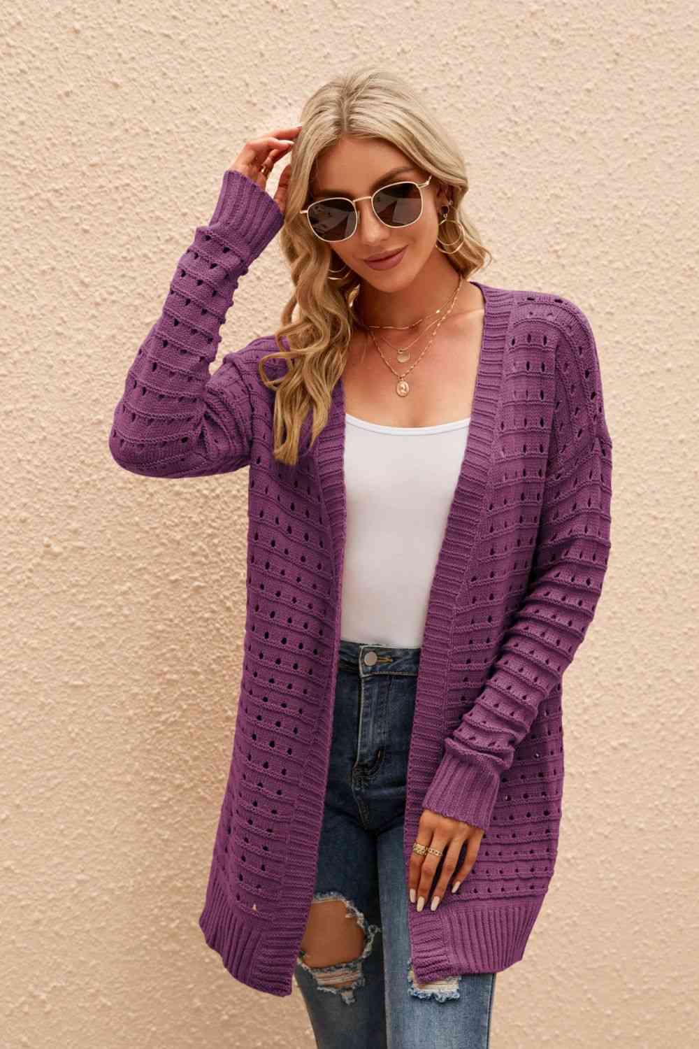 Openwork Horizontal Ribbing Open Front Cardigan - TRENDMELO