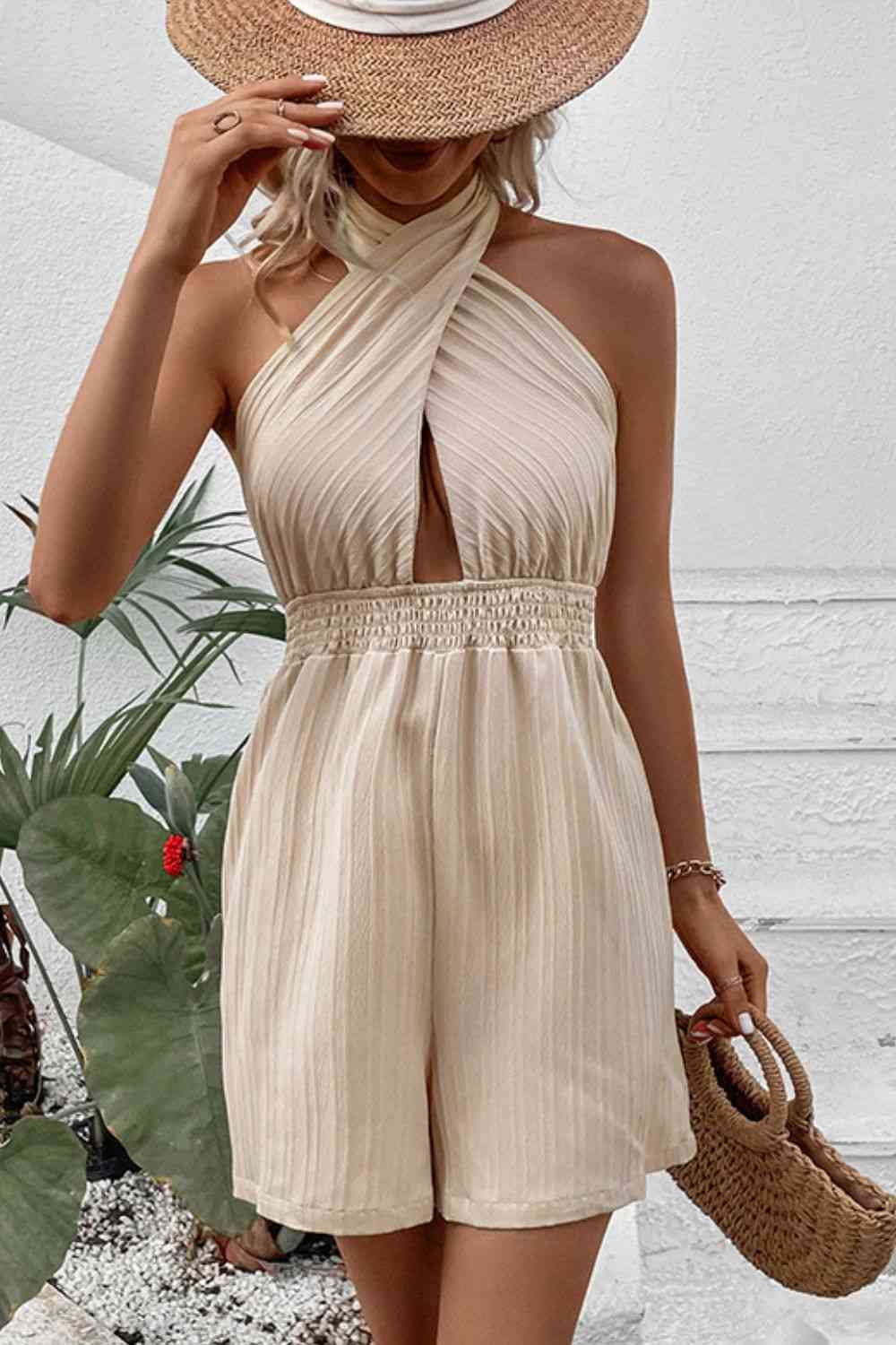 Halter Neck Smocked Waist Romper - TRENDMELO