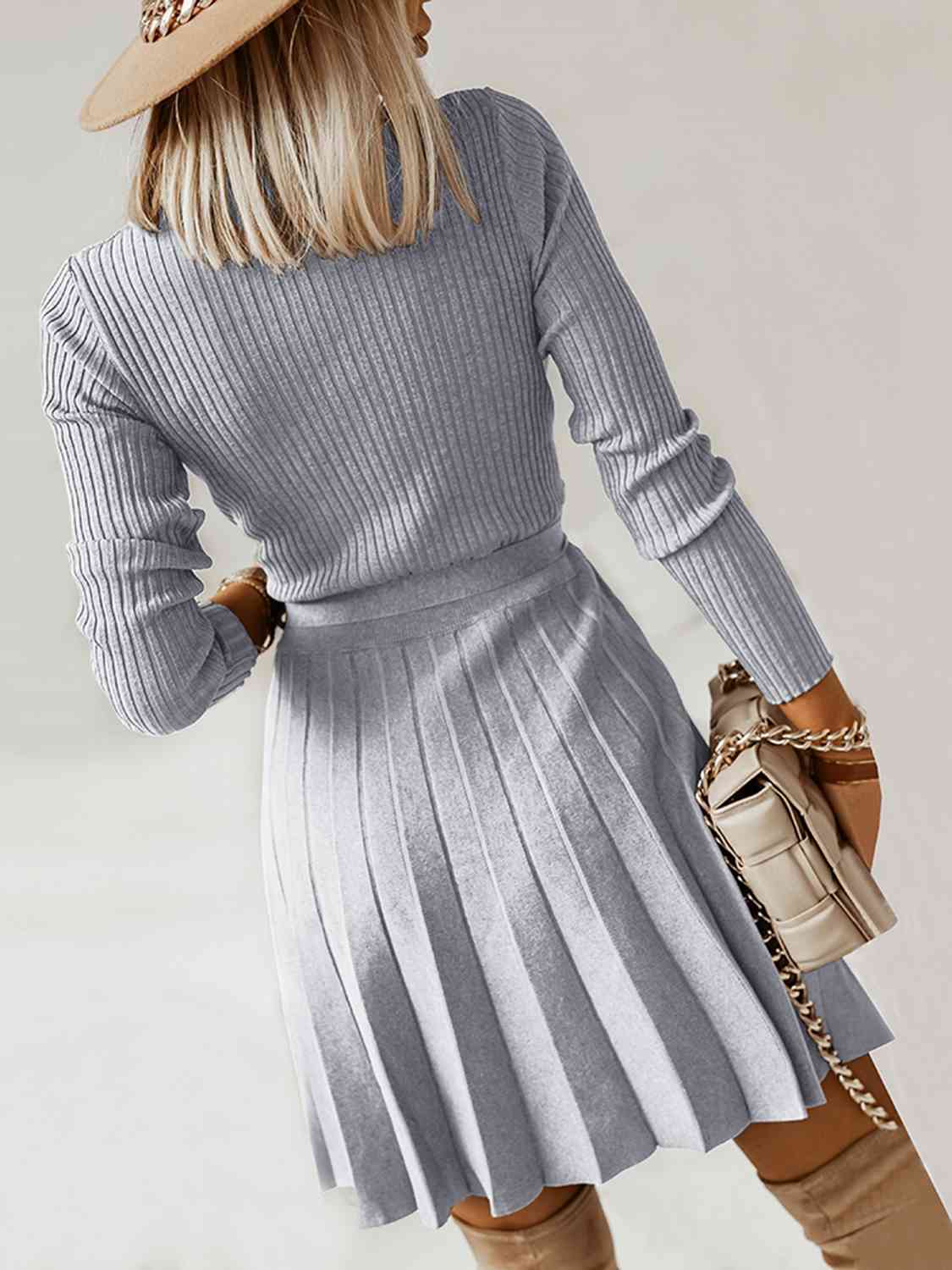 Surplice Neck Tie Front Pleated Sweater Dress - TRENDMELO