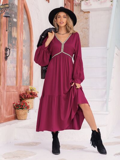 V-Neck Lantern Sleeve Ruffle Hem Dress - TRENDMELO