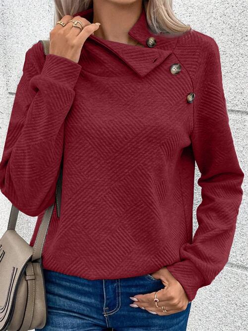 Buttoned Mock Neck Long Sleeve Sweatshirt - TRENDMELO