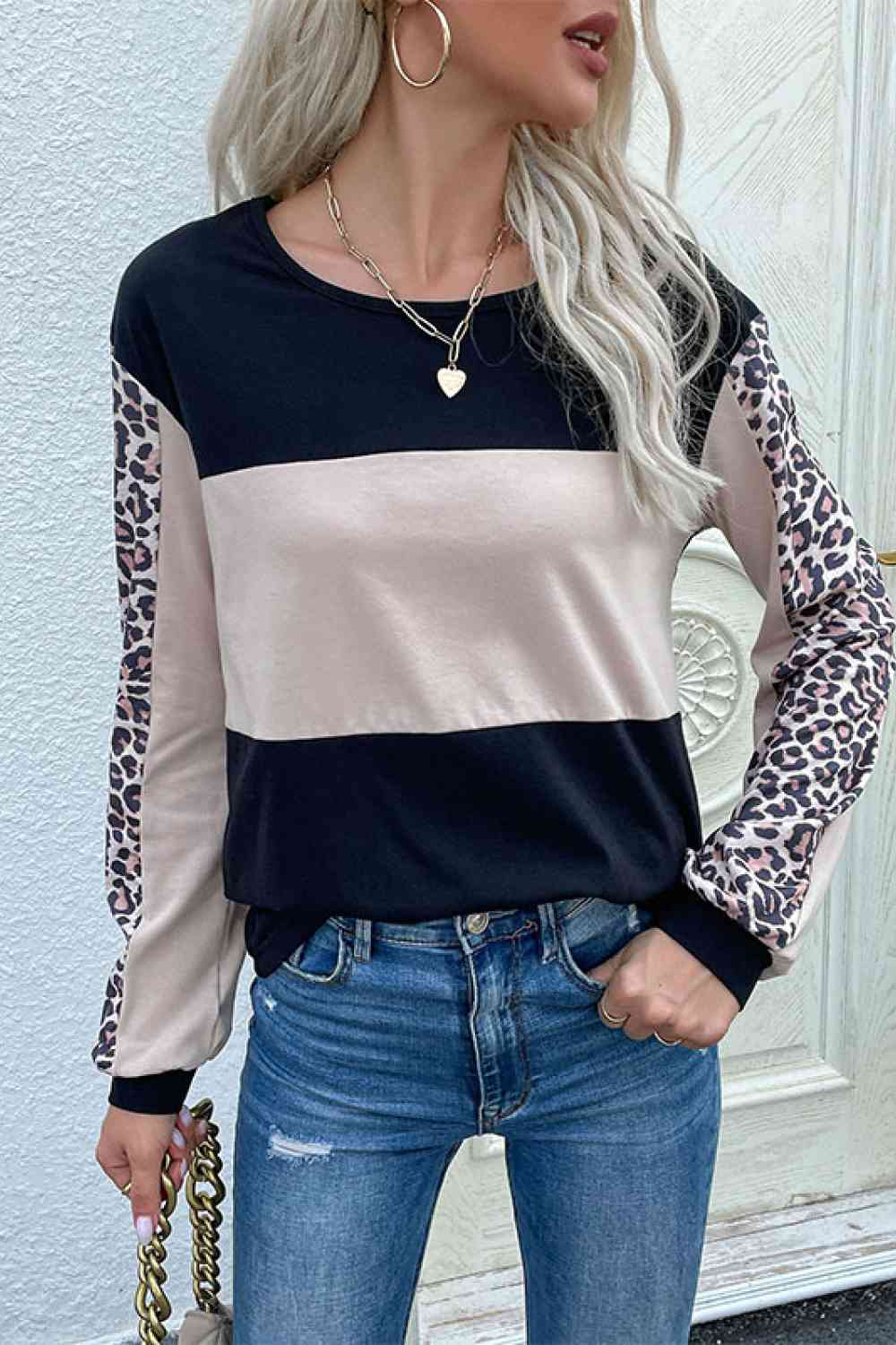 Leopard Color Block Long Sleeve Sweatshirt - TRENDMELO