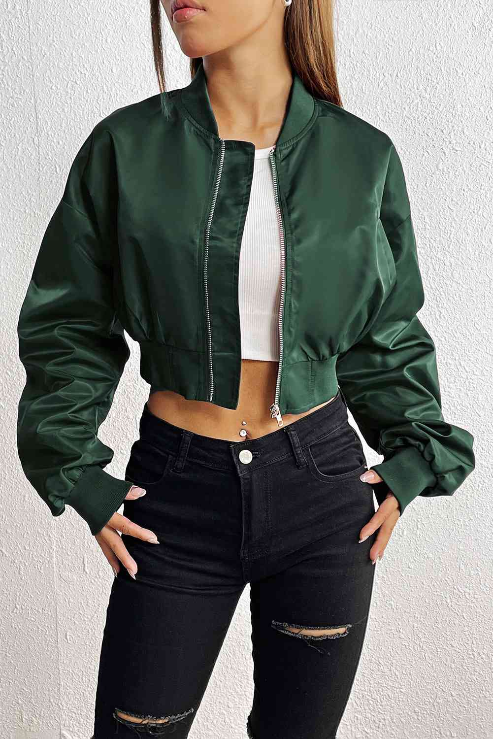 Zip-Up Ruched Cropped Jacket - TRENDMELO