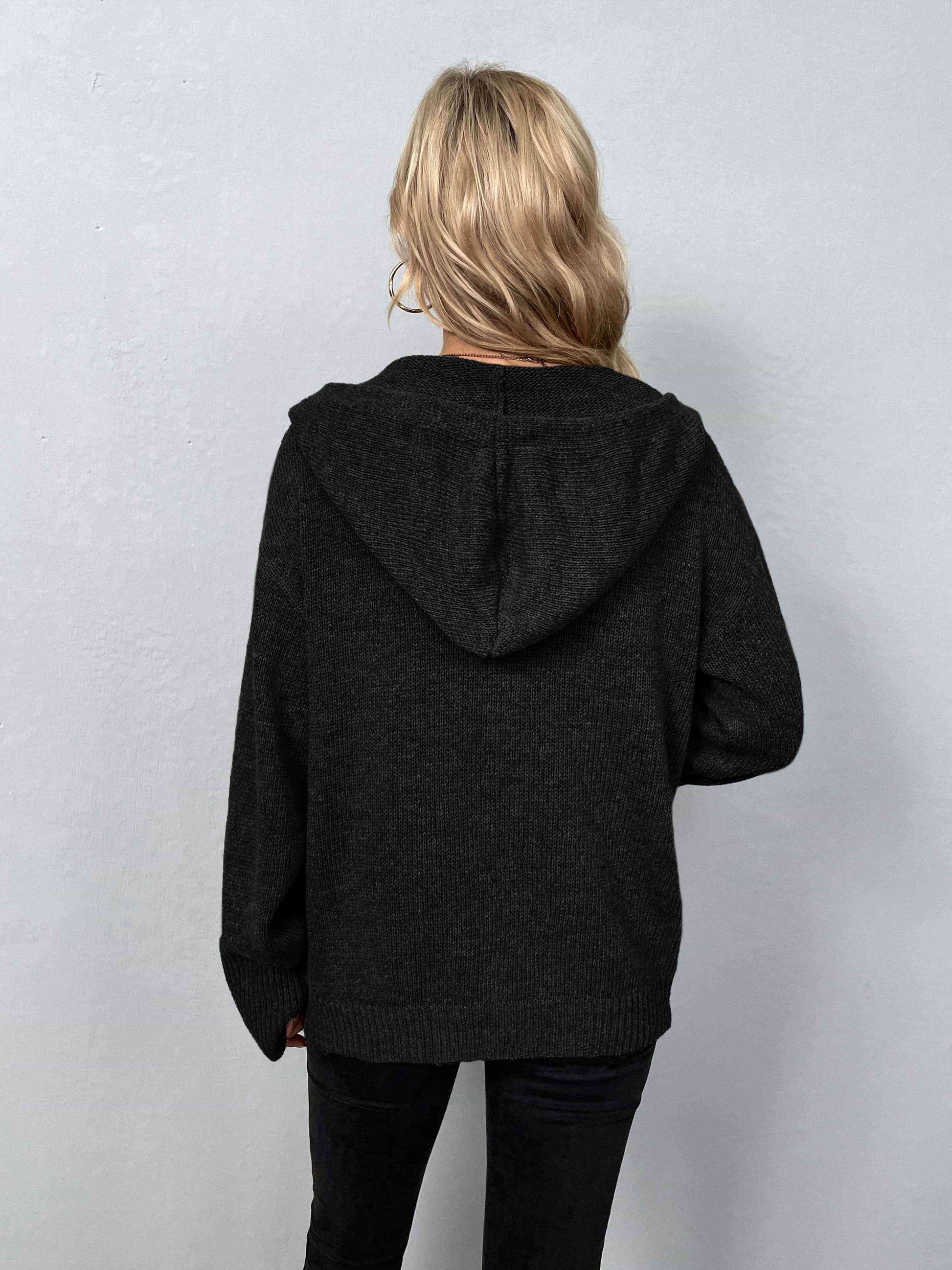 Button-Down Long Sleeve Hooded Sweater - TRENDMELO