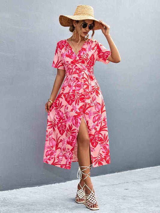 Floral Print High Slit Surplice Neck Tie Waist Midi Dress - TRENDMELO