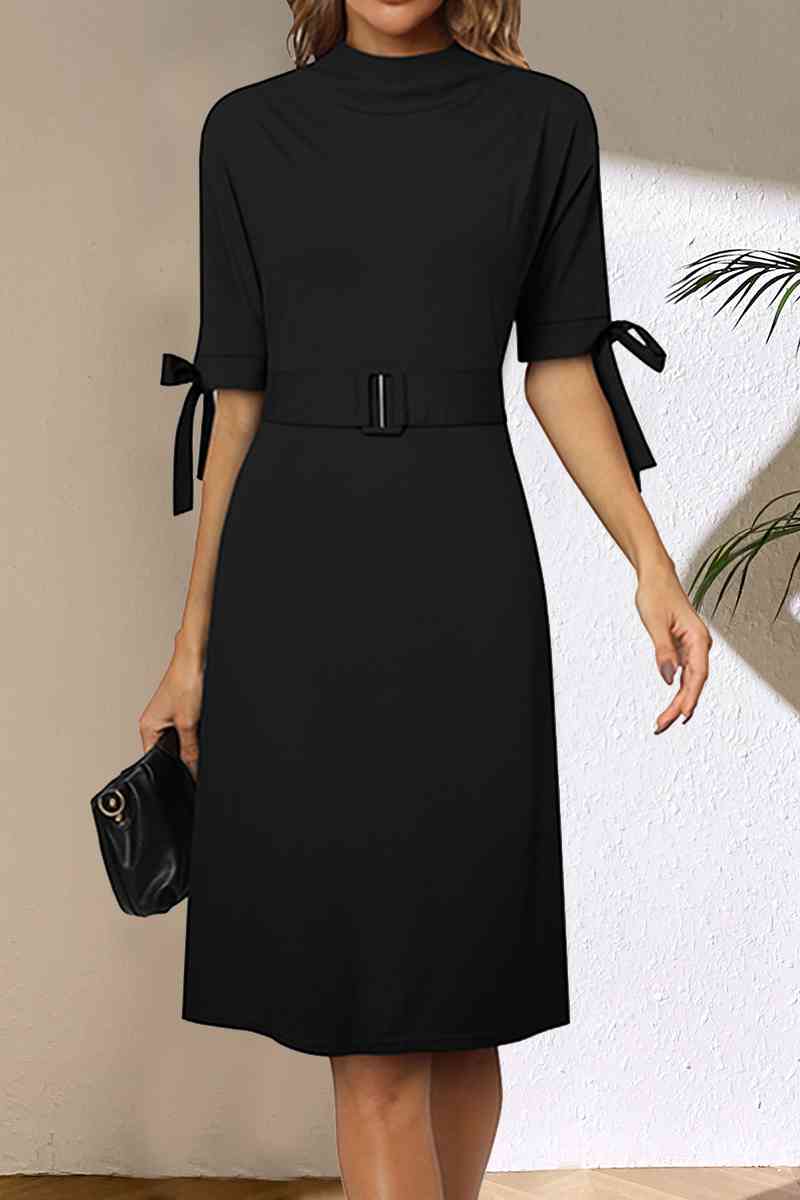 Round Neck Tie Sleeve Half Sleeve Dress - TRENDMELO