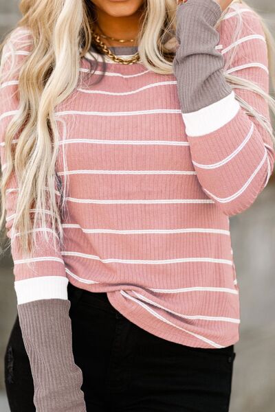 Striped Round Neck Long Sleeve T-Shirt - TRENDMELO