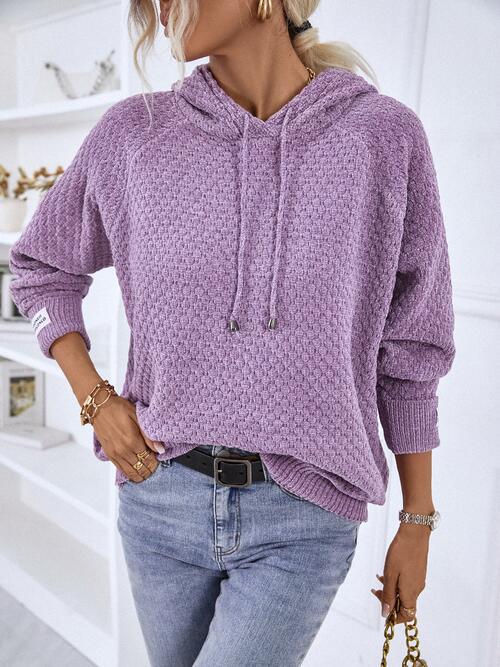 Texture Drawstring Long Sleeve Hooded Sweater - TRENDMELO