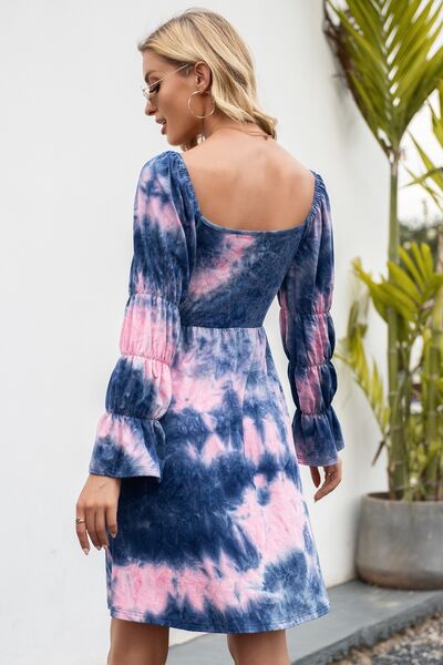 Tie-Dye Square Neck Flounce Sleeve Dress - TRENDMELO